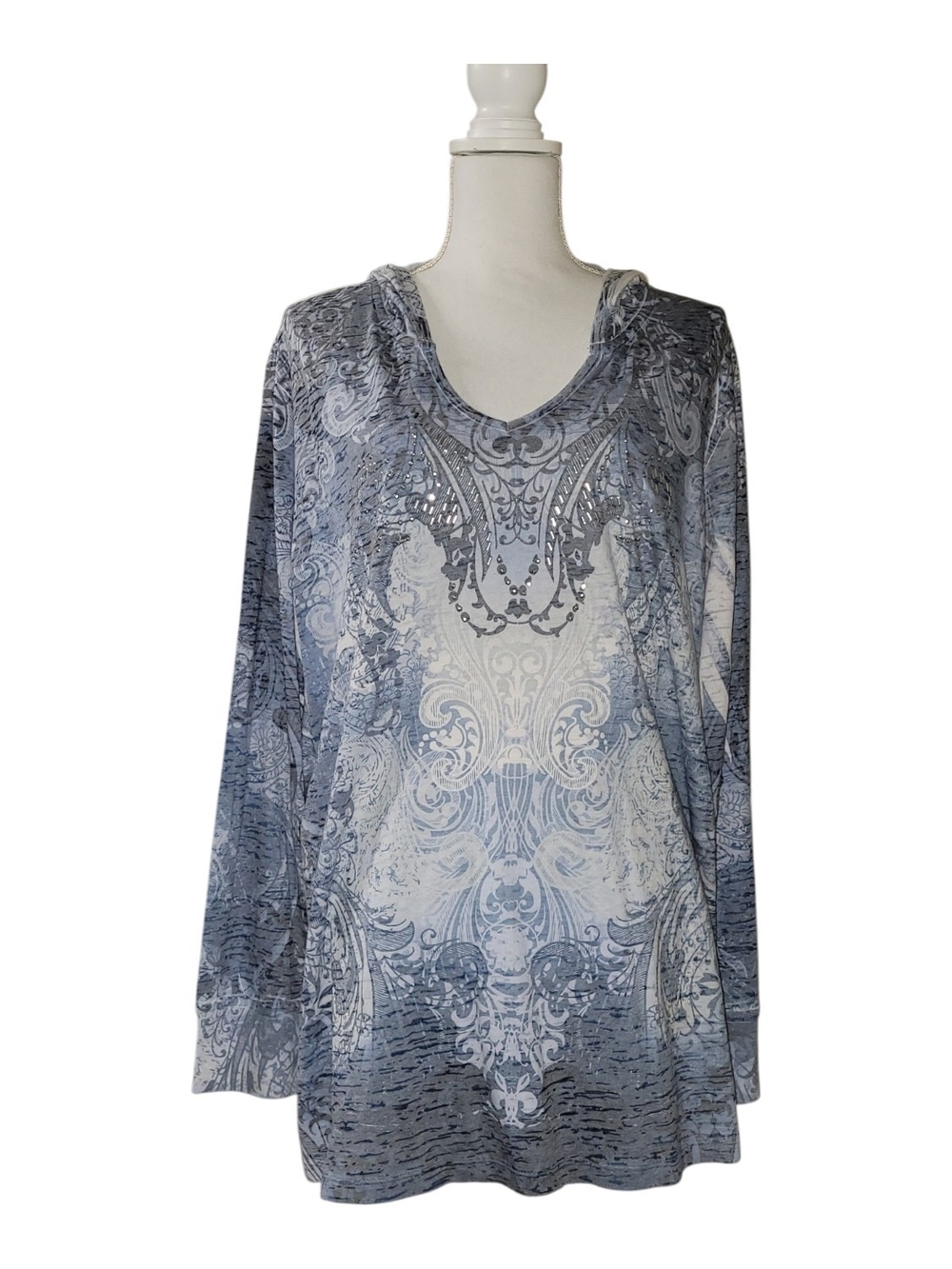 Boho Ombre Paisley V-Neck Long Sleeve Hoodie Top